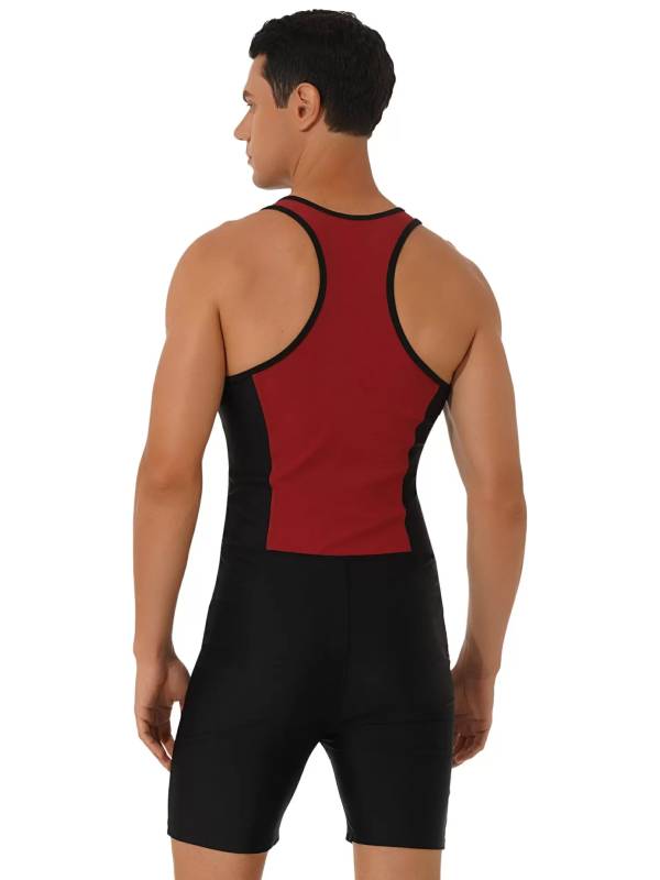 Men Sleeveless Activewear Front Zipper Color Block Jumpsuit thumb
