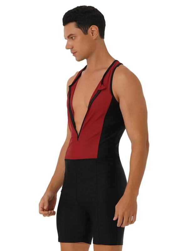 Men Sleeveless Activewear Front Zipper Color Block Jumpsuit thumb