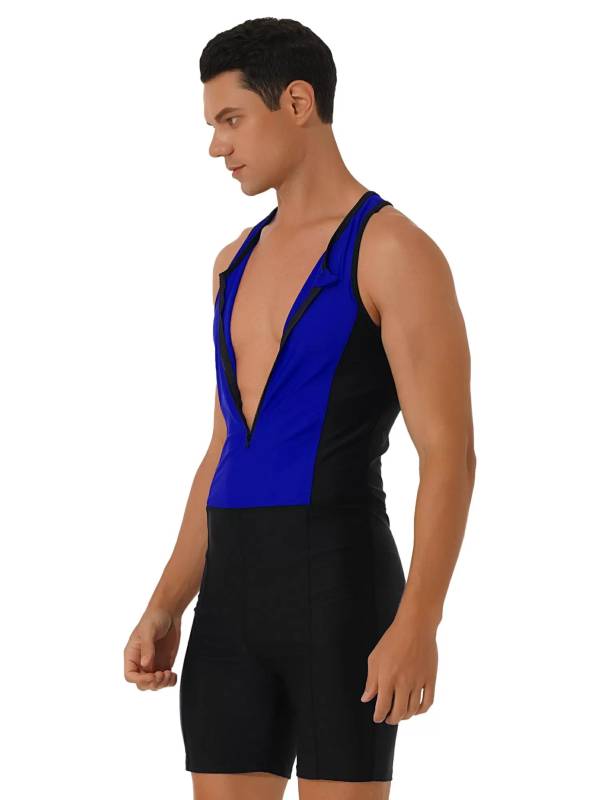 Men Sleeveless Activewear Front Zipper Color Block Jumpsuit thumb