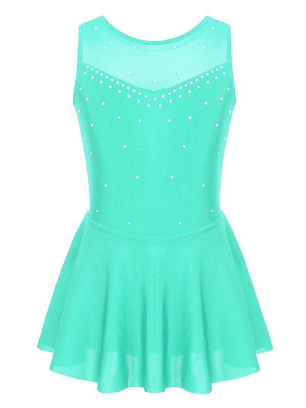 Kids Girls Sleeveless Sparkly Rhinestone Tulle Skating Leotard Dress thumb