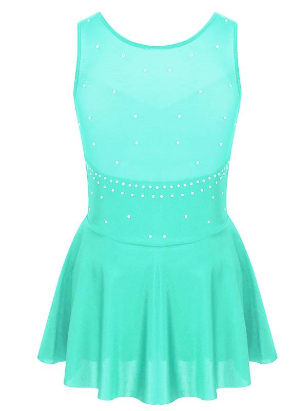 Kids Girls Sleeveless Sparkly Rhinestone Tulle Skating Leotard Dress thumb