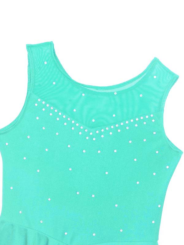 Kids Girls Sleeveless Sparkly Rhinestone Tulle Skating Leotard Dress thumb