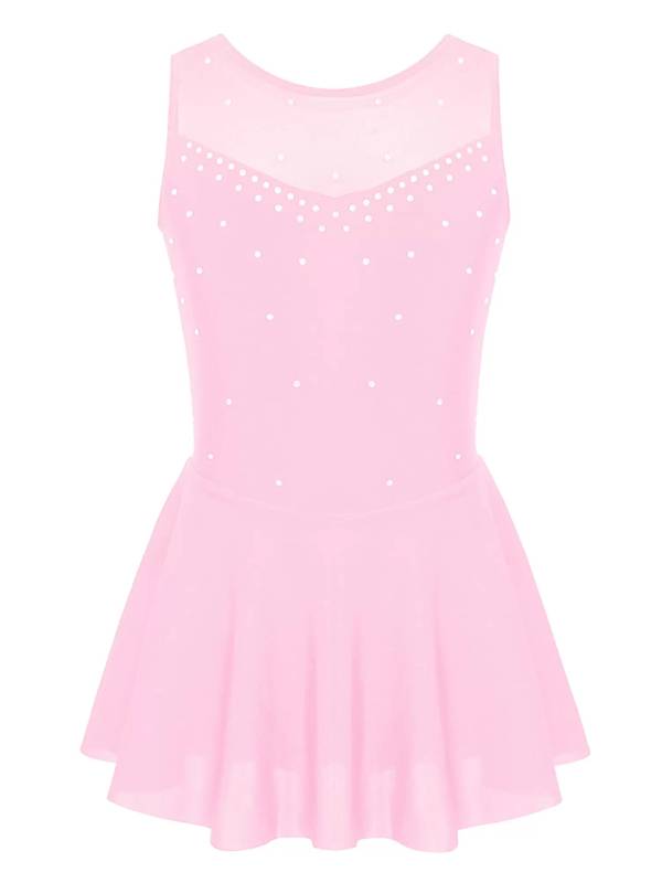Kids Girls Sleeveless Sparkly Rhinestone Tulle Skating Leotard Dress thumb