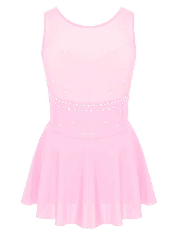 Kids Girls Sleeveless Sparkly Rhinestone Tulle Skating Leotard Dress thumb