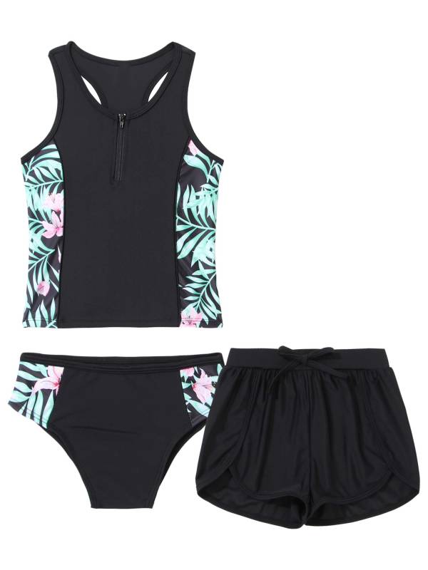 Kids Girls 3pcs Sleeveless Tops with Shorts and Briefs Swimming Set thumb