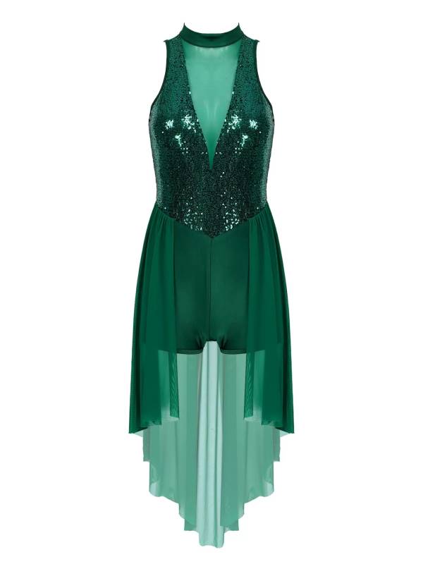 Women Sleeveless Sequin Mesh Contemporary Dance Jumpsuit Dress thumb