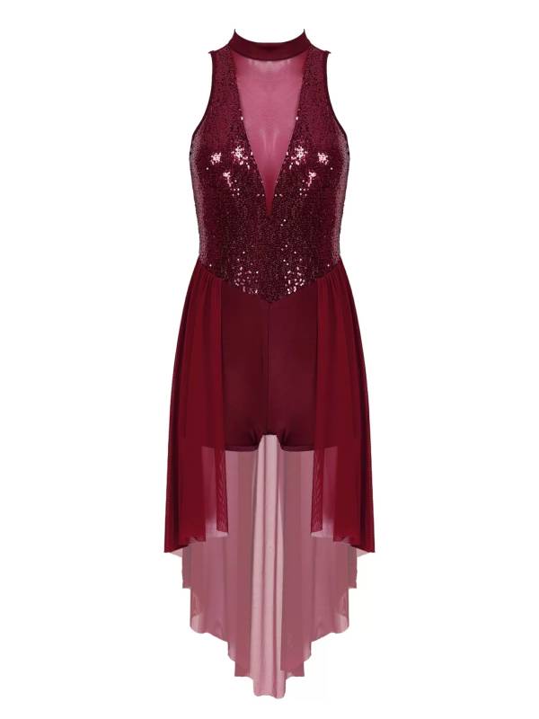 Women Sleeveless Sequin Mesh Contemporary Dance Jumpsuit Dress thumb