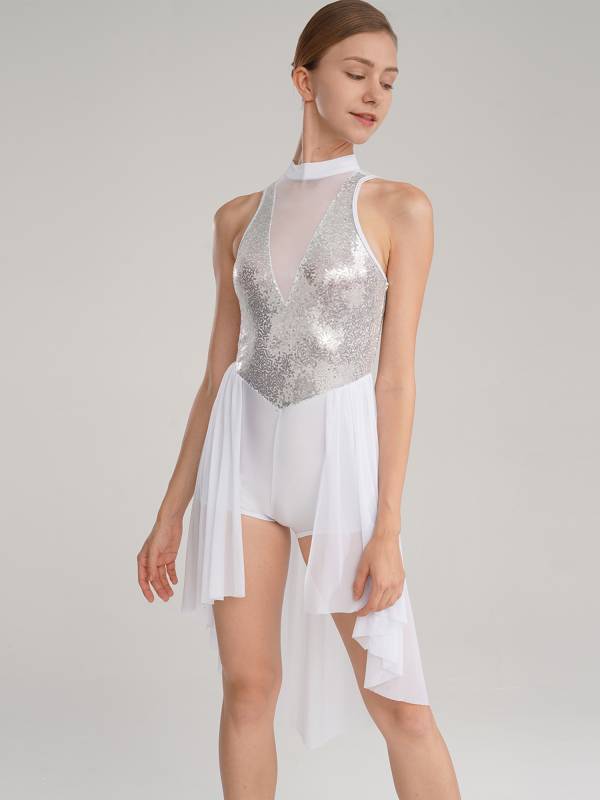 Women Sleeveless Sequin Mesh Contemporary Dance Jumpsuit Dress thumb