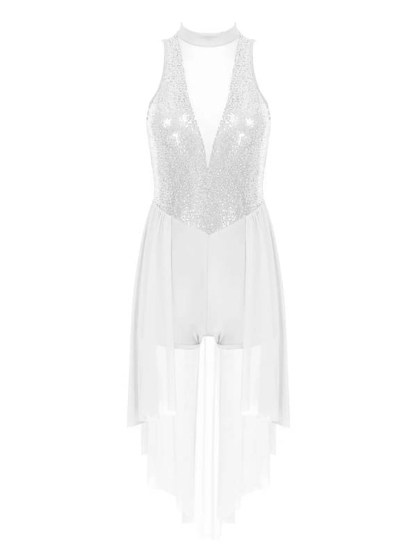 Women Sleeveless Sequin Mesh Contemporary Dance Jumpsuit Dress thumb