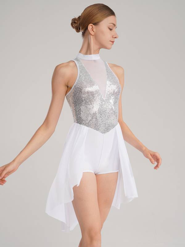 Women Sleeveless Sequin Mesh Contemporary Dance Jumpsuit Dress thumb