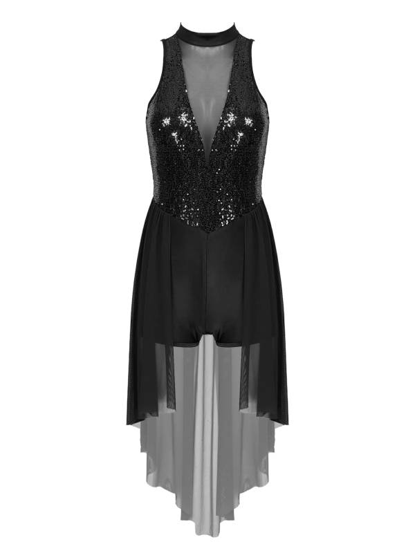 Women Sleeveless Sequin Mesh Contemporary Dance Jumpsuit Dress thumb