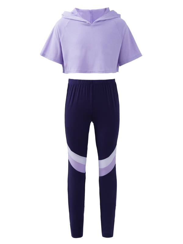 Kids Girls 2Pcs Short Sleeves Hoodie Crop Tops and Pants Sport Set thumb