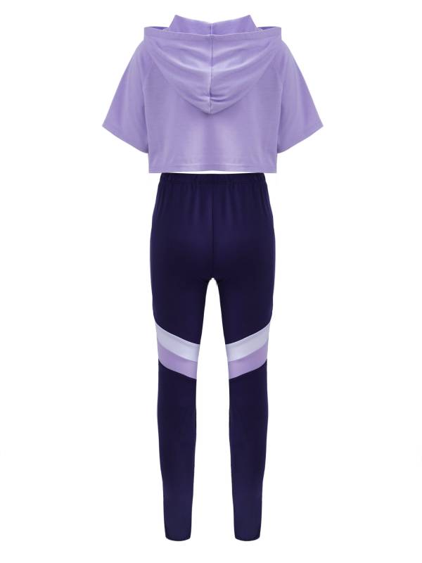 Kids Girls 2Pcs Short Sleeves Hoodie Crop Tops and Pants Sport Set thumb