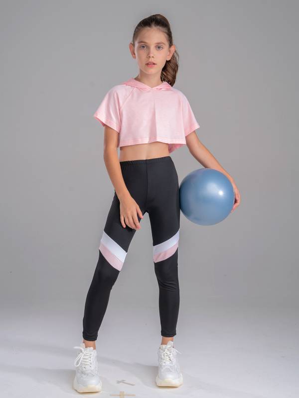Kids Girls 2Pcs Short Sleeves Hoodie Crop Tops and Pants Sport Set thumb