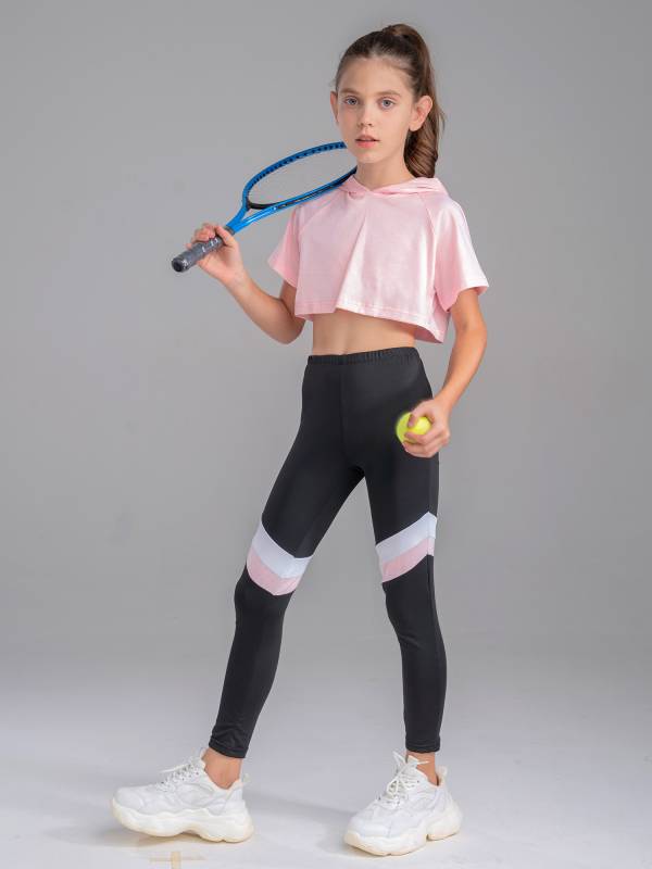 Kids Girls 2Pcs Short Sleeves Hoodie Crop Tops and Pants Sport Set thumb