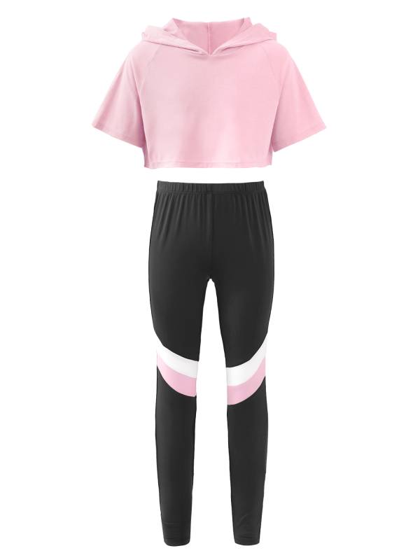 Kids Girls 2Pcs Short Sleeves Hoodie Crop Tops and Pants Sport Set thumb
