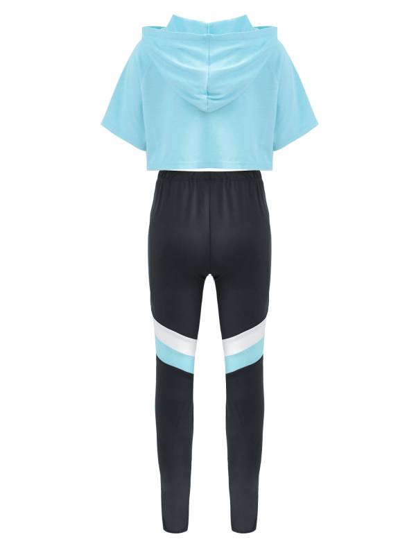 Kids Girls 2Pcs Short Sleeves Hoodie Crop Tops and Pants Sport Set thumb