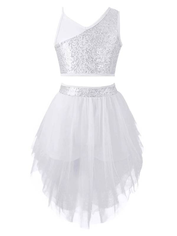 Kids Girls 2pcs Sleeveless Sequin Crop Top and Mesh Skirt Latin Set thumb