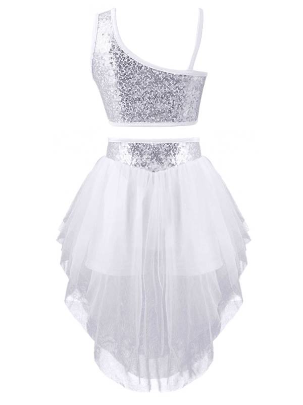 Kids Girls 2pcs Sleeveless Sequin Crop Top and Mesh Skirt Latin Set thumb
