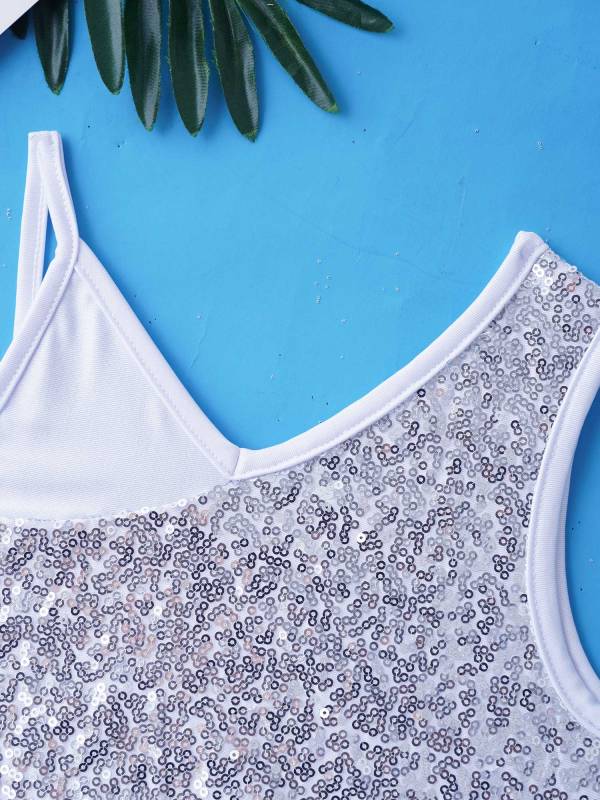 Kids Girls 2pcs Sleeveless Sequin Crop Top and Mesh Skirt Latin Set thumb