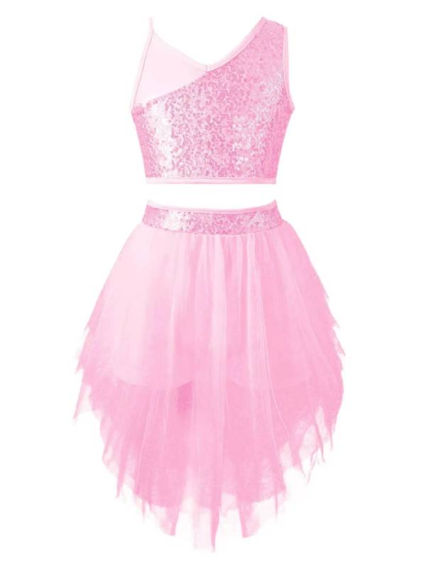 Kids Girls 2pcs Sleeveless Sequin Crop Top and Mesh Skirt Latin Set thumb