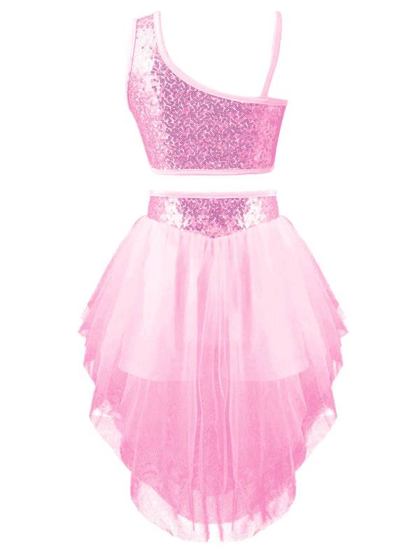 Kids Girls 2pcs Sleeveless Sequin Crop Top and Mesh Skirt Latin Set thumb
