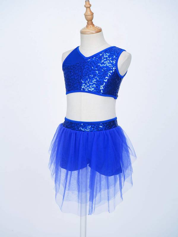 Kids Girls 2pcs Sleeveless Sequin Crop Top and Mesh Skirt Latin Set thumb