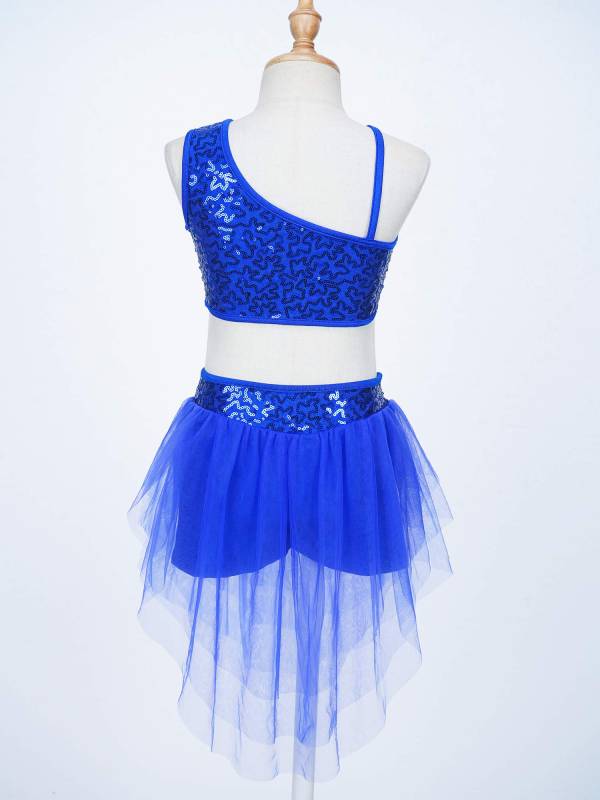 Kids Girls 2pcs Sleeveless Sequin Crop Top and Mesh Skirt Latin Set thumb