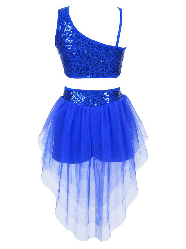 Kids Girls 2pcs Sleeveless Sequin Crop Top and Mesh Skirt Latin Set thumb