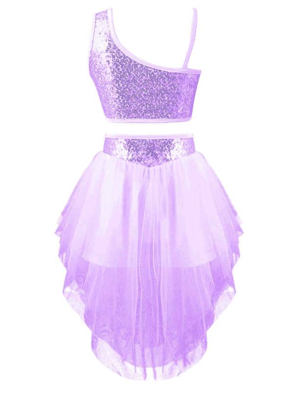 Kids Girls 2pcs Sleeveless Sequin Crop Top and Mesh Skirt Latin Set thumb