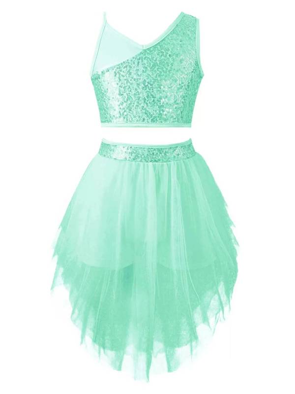 Kids Girls 2pcs Sleeveless Sequin Crop Top and Mesh Skirt Latin Set thumb