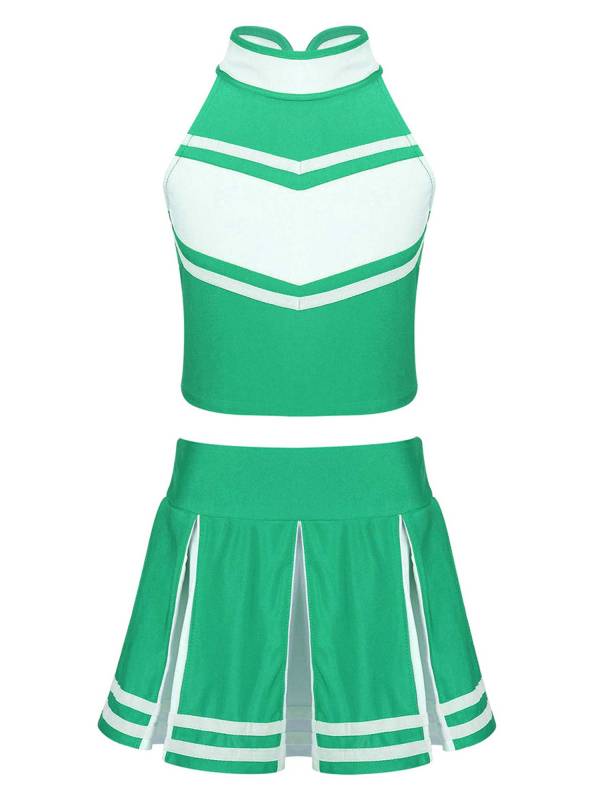 Kids Girls 2pcs Sleeveless Halter Neck Top and Pleated Skirt Cheerleading Set thumb
