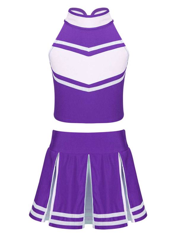 Kids Girls 2pcs Sleeveless Halter Neck Top and Pleated Skirt Cheerleading Set thumb