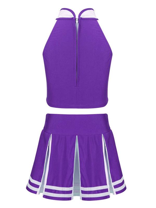 Kids Girls 2pcs Sleeveless Halter Neck Top and Pleated Skirt Cheerleading Set thumb