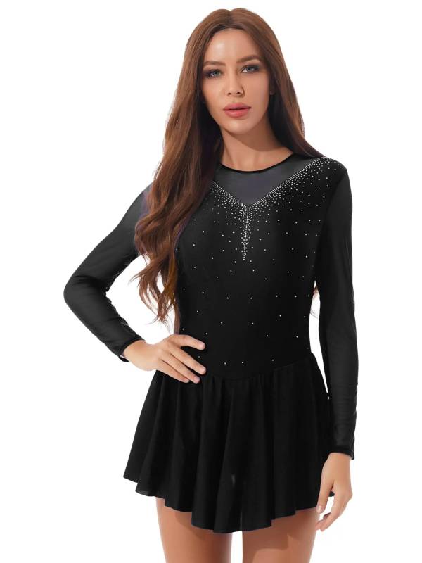 Women Shiny Rhinestone Mesh Sleeves Figure Skating Leotard Dresses thumb