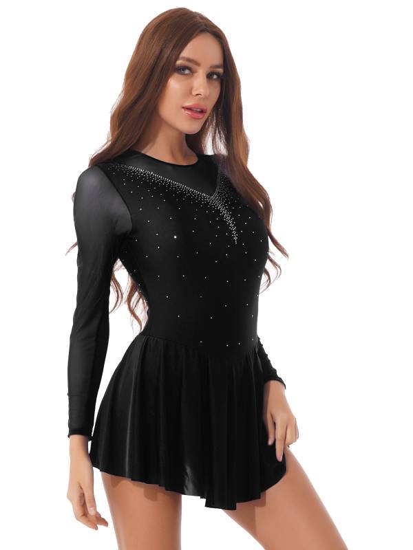 Women Shiny Rhinestone Mesh Sleeves Figure Skating Leotard Dresses thumb