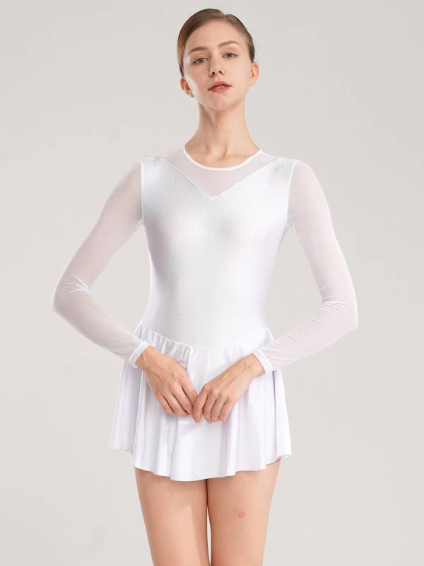 Women Shiny Rhinestone Mesh Sleeves Figure Skating Leotard Dresses thumb