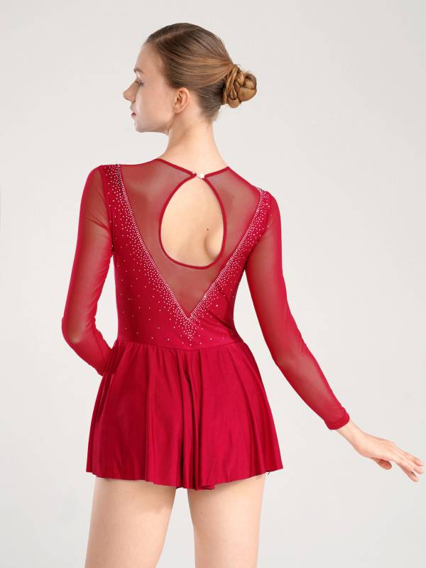 Women Shiny Rhinestone Mesh Sleeves Figure Skating Leotard Dresses thumb