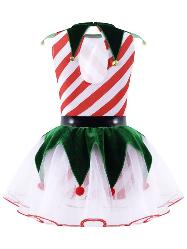 Kids Girls Christmas Sleeveless Stripes Bells Pom Pom Mesh Tutu Dress thumb