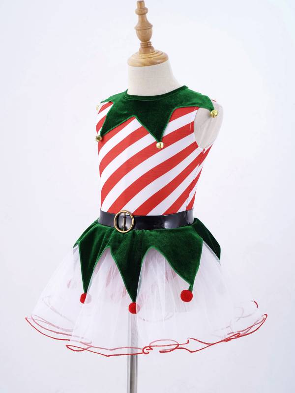 Kids Girls Christmas Sleeveless Stripes Bells Pom Pom Mesh Tutu Dress thumb