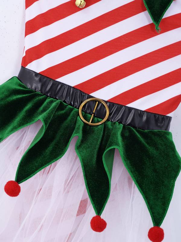Kids Girls Christmas Sleeveless Stripes Bells Pom Pom Mesh Tutu Dress thumb