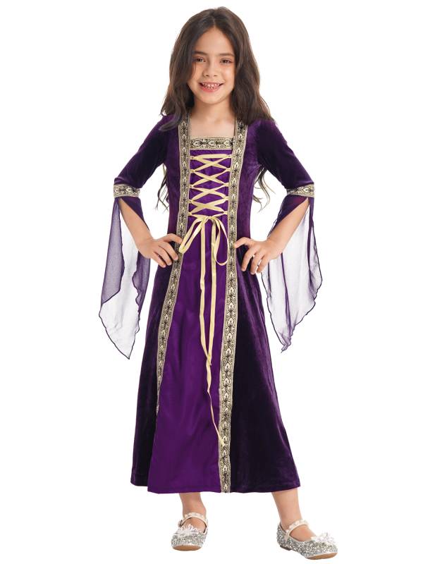Kids Girls Long Sleeves Embroidered Vintage Renaissance Midi Dress thumb