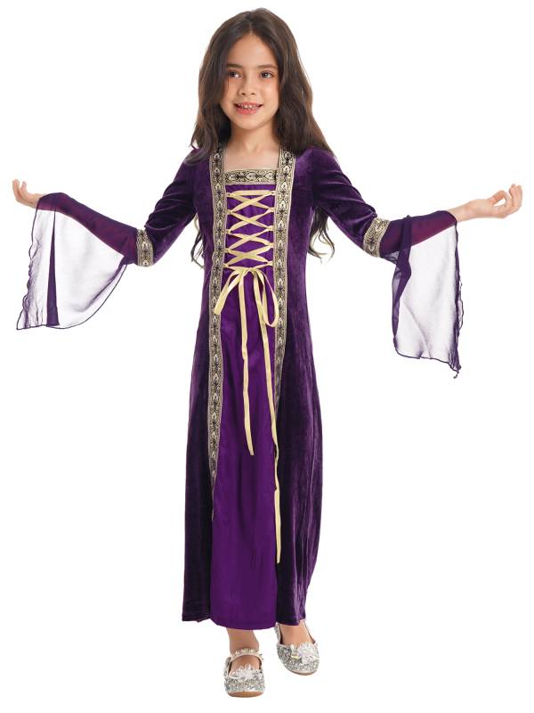 Kids Girls Long Sleeves Embroidered Vintage Renaissance Midi Dress thumb