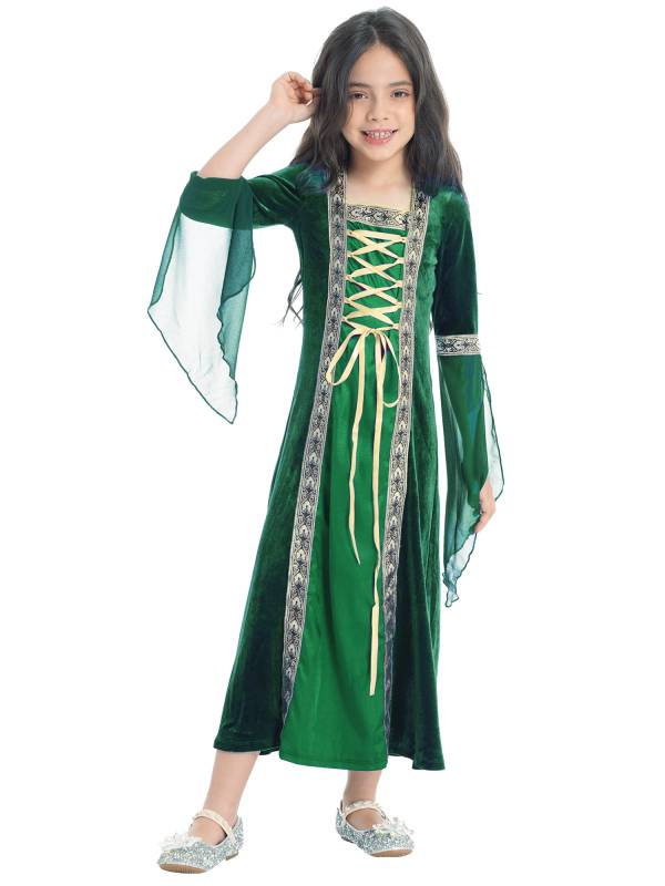 Kids Girls Long Sleeves Embroidered Vintage Renaissance Midi Dress thumb