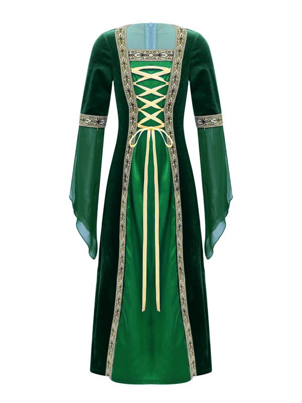 Kids Girls Long Sleeves Embroidered Vintage Renaissance Midi Dress thumb