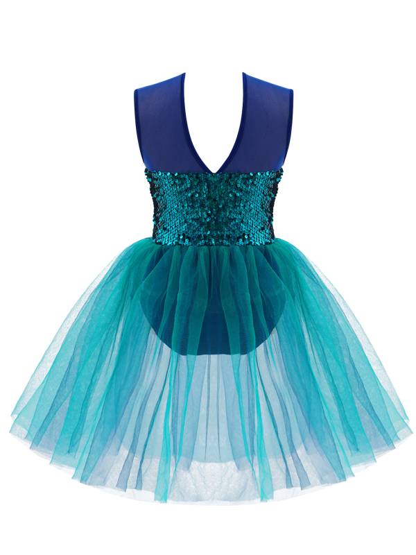 Kids Girls Sleeveless Sequins Mesh Skirt Jazz Dance Dress thumb