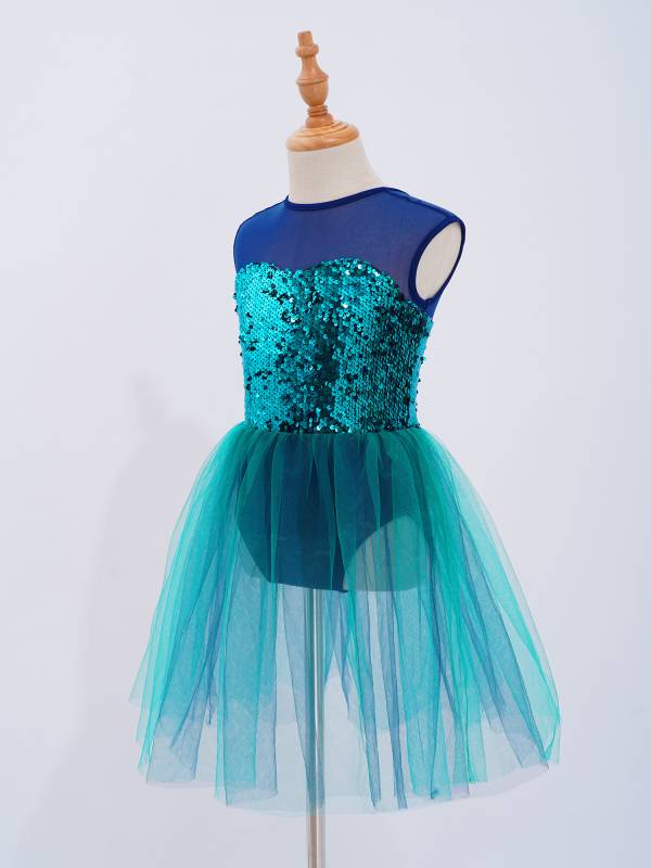 Kids Girls Sleeveless Sequins Mesh Skirt Jazz Dance Dress thumb