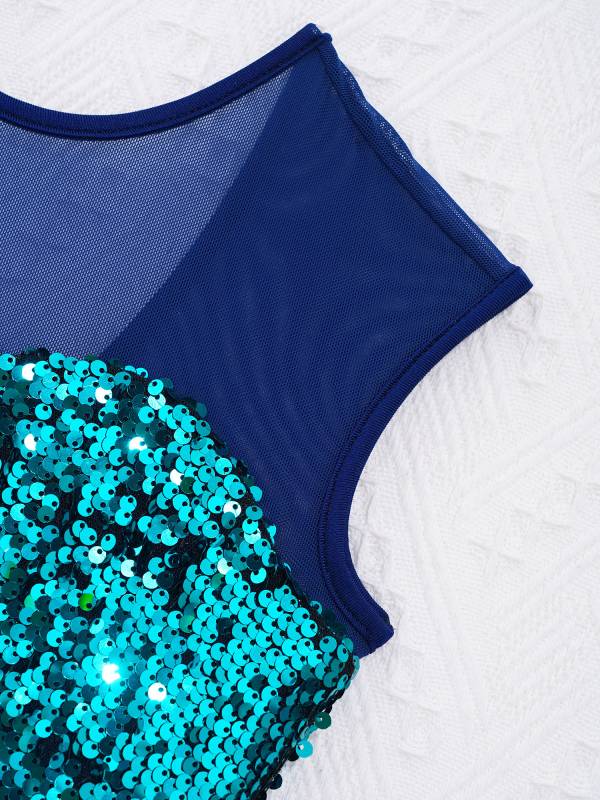 Kids Girls Sleeveless Sequins Mesh Skirt Jazz Dance Dress thumb
