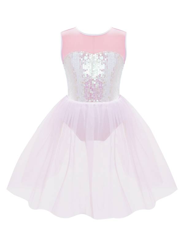 Kids Girls Sleeveless Sequins Mesh Skirt Jazz Dance Dress thumb