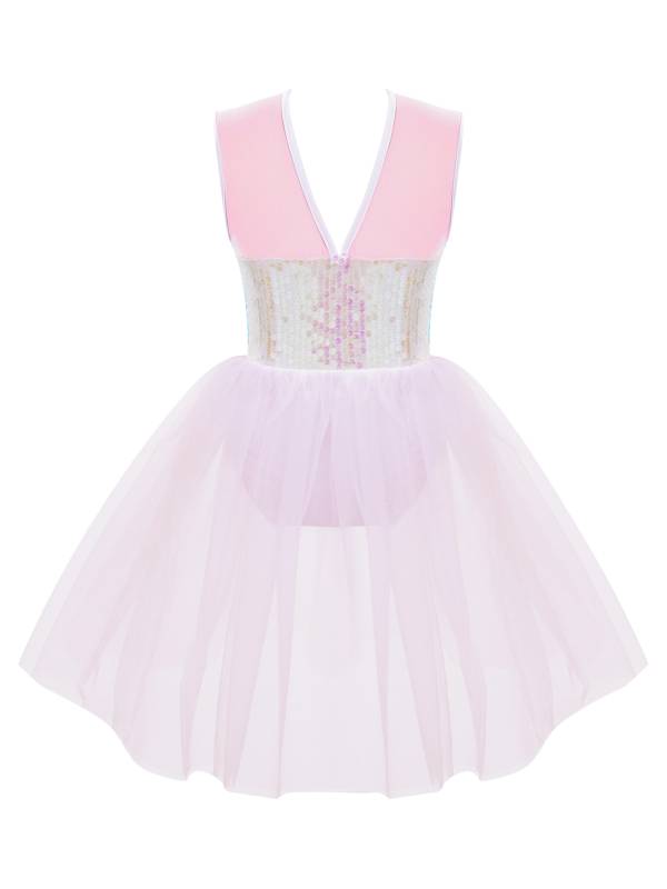 Kids Girls Sleeveless Sequins Mesh Skirt Jazz Dance Dress thumb